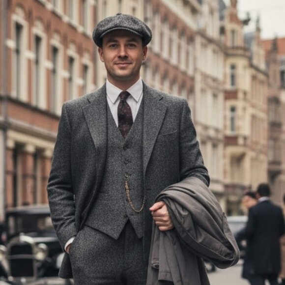 Gray Black Herringbone Chunky Tweed Newsboy Flat Cap NEW - Picture 2 of 5